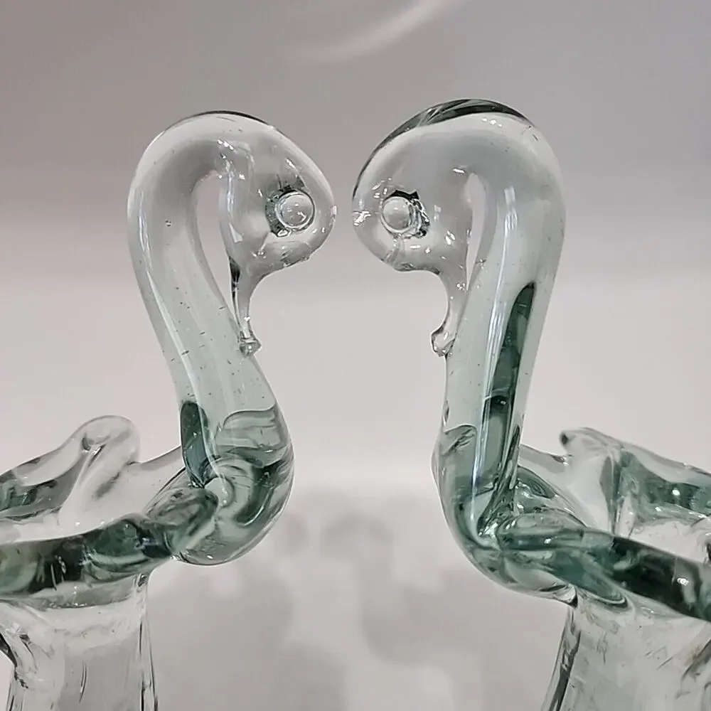 Vintage Matching Pair of Swan Glass Bud Vases 6.5in Green Blown Art‎ Glass FLAW